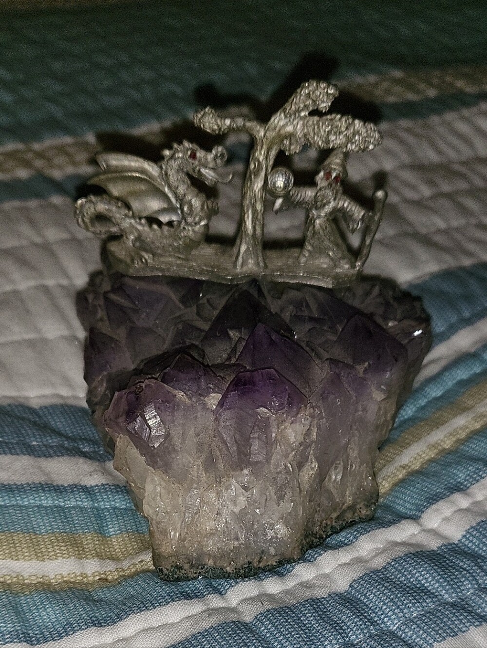 Amethyst Crystal Cluster Figurine with Silver-tone Dragon Accent